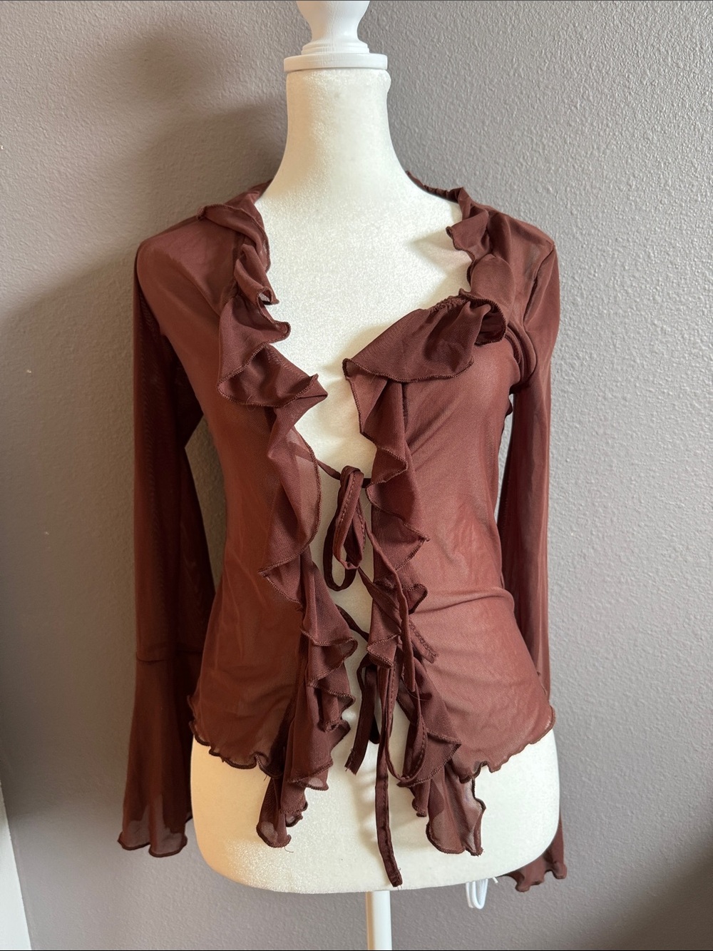 Women’s Brown Ruffle Tie-Front Long-Sleeve Blouse